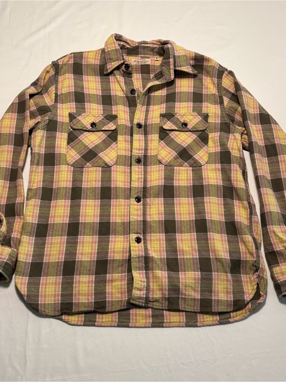 Sugar Cane Fiction Romance Twill Check  Shirt in Olive, Pink & Yellow